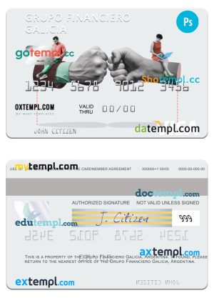 editable template, Argentina Grupo Financiero Galicia visa card template in PSD format