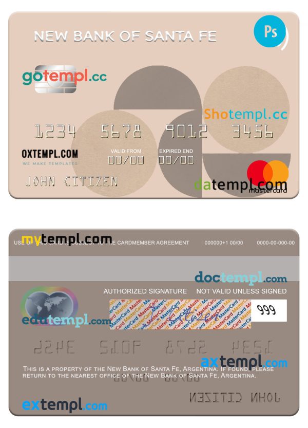 editable template, Argentina New Bank of Santa Fe mastercard template in PSD format