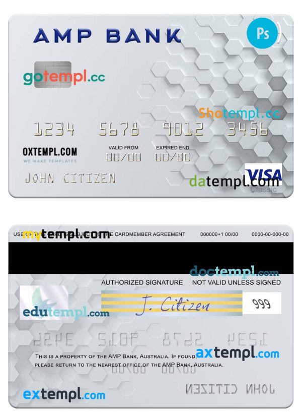 editable template, Australia AMP Bank visa card template in PSD format