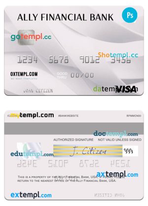 editable template, USA Ally Financial Bank visa card template in PSD format