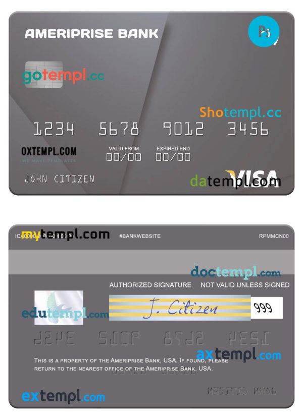 editable template, USA Ameriprise Bank visa card template in PSD format