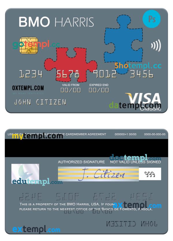 editable template, USA BMO Harris Bank visa card template in PSD format