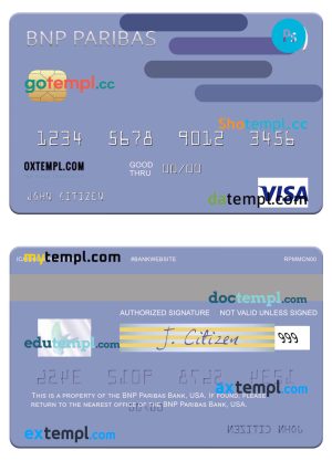 editable template, USA BNP Paribas Bank visa card template in PSD format
