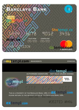 editable template, USA Barclays Bank mastercard template in PSD format