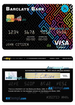 editable template, USA Barclays Bank visa card template in PSD format