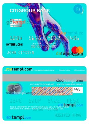 editable template, USA Citigroup Bank mastercard template in PSD format
