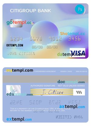 editable template, USA Citigroup Bank visa card template in PSD format