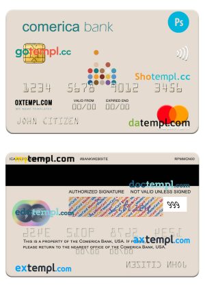 editable template, USA Comerica Bank mastercard template in PSD format