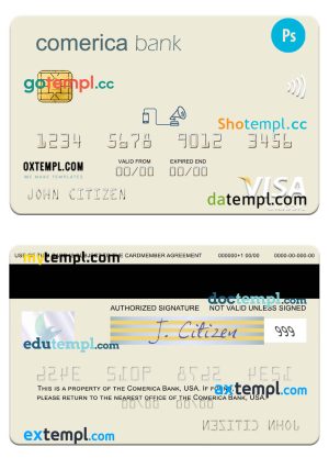 editable template, USA Comerica Bank visa card template in PSD format
