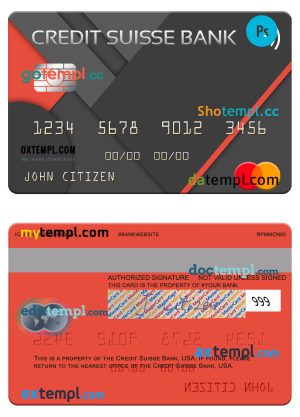 editable template, USA Credit Suisse Bank mastercard template in PSD format