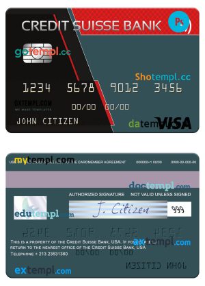 editable template, USA Credit Suisse Bank visa card template in PSD format