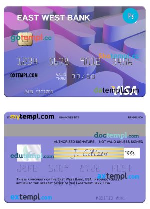 editable template, USA East West Bank visa card template in PSD format
