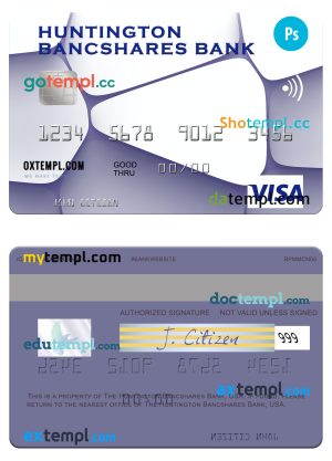 editable template, USA Huntington Bancshares Bank visa card template in PSD format