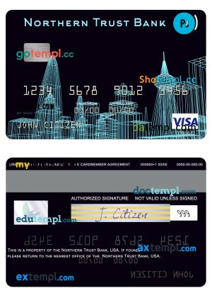 editable template, USA Northern Trust Bank visa card template in PSD format