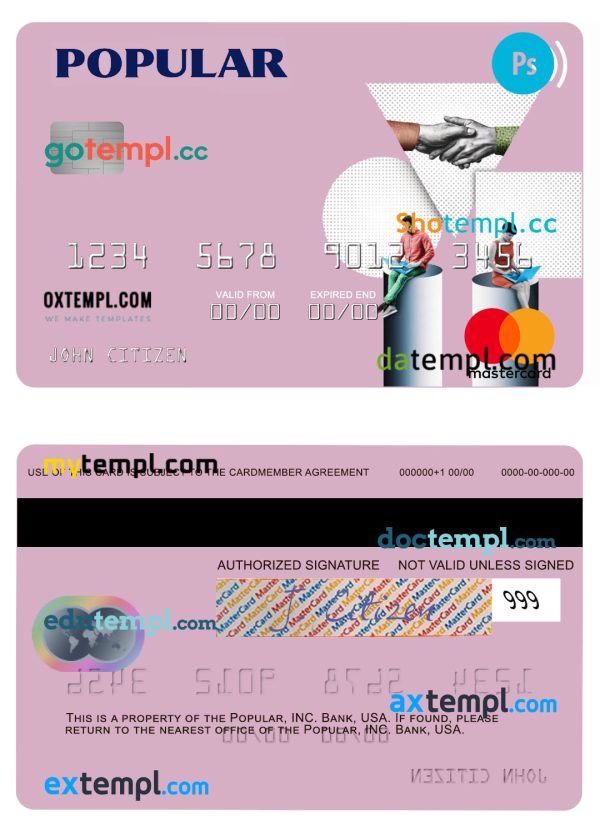editable template, USA Popular, Inc. Bank mastercard template in PSD format