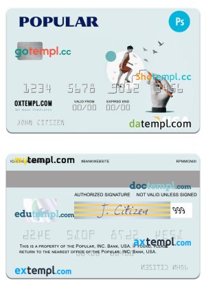 editable template, USA Popular, Inc. Bank visa card template in PSD format