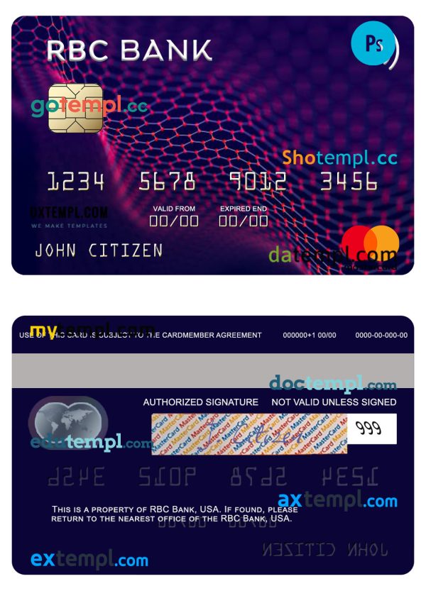 editable template, USA RBC Bank mastercard template in PSD format