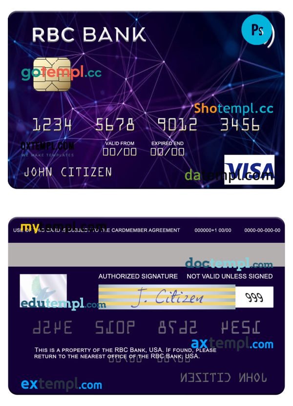 editable template, USA RBC Bank visa card template in PSD format