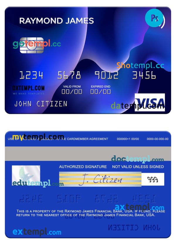 editable template, USA Raymond James Financial Bank visa card template in PSD format