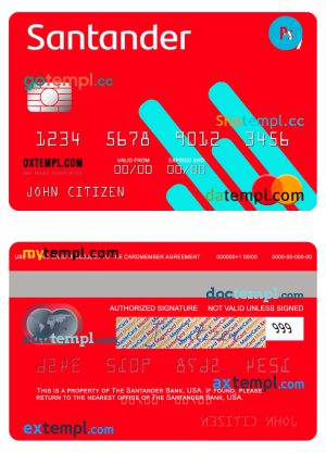 editable template, USA Santander Bank mastercard template in PSD format