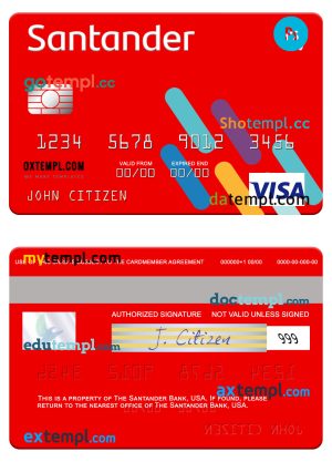 editable template, USA Santander Bank visa card template in PSD format
