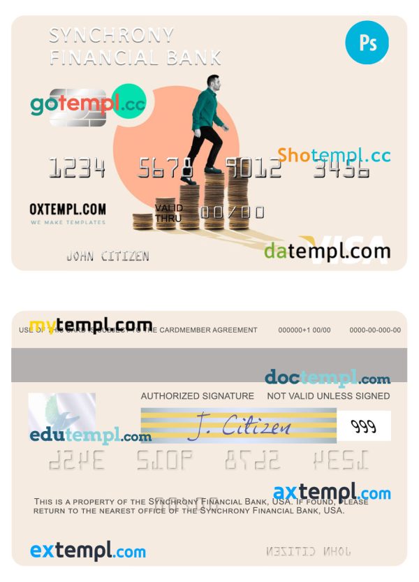 editable template, USA Synchrony Financial Bank visa card template in PSD format