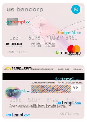 editable template, USA U.S. Bancorp Bank mastercard template in PSD format