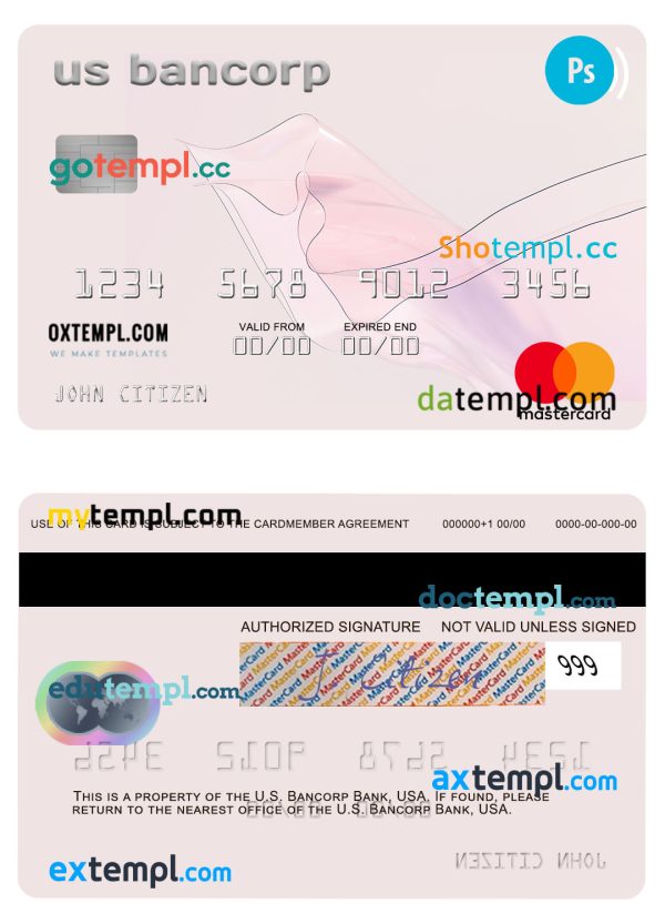 editable template, USA U.S. Bancorp Bank mastercard template in PSD format