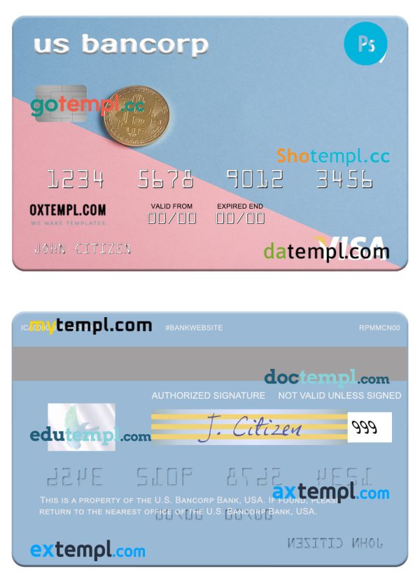 editable template, USA U.S. Bancorp Bank visa card template in PSD format