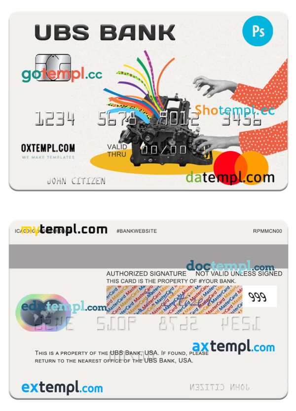editable template, USA UBS Bank mastercard template in PSD format