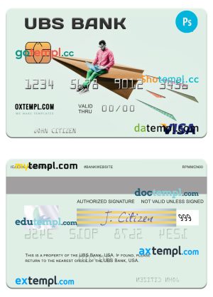 editable template, USA UBS Bank visa card template in PSD format