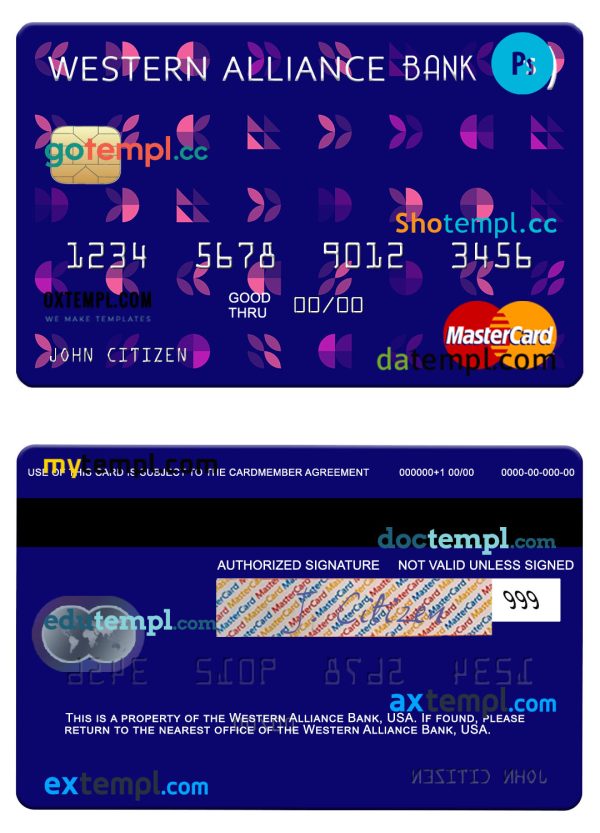 editable template, USA Western Alliance Bank mastercard template in PSD format