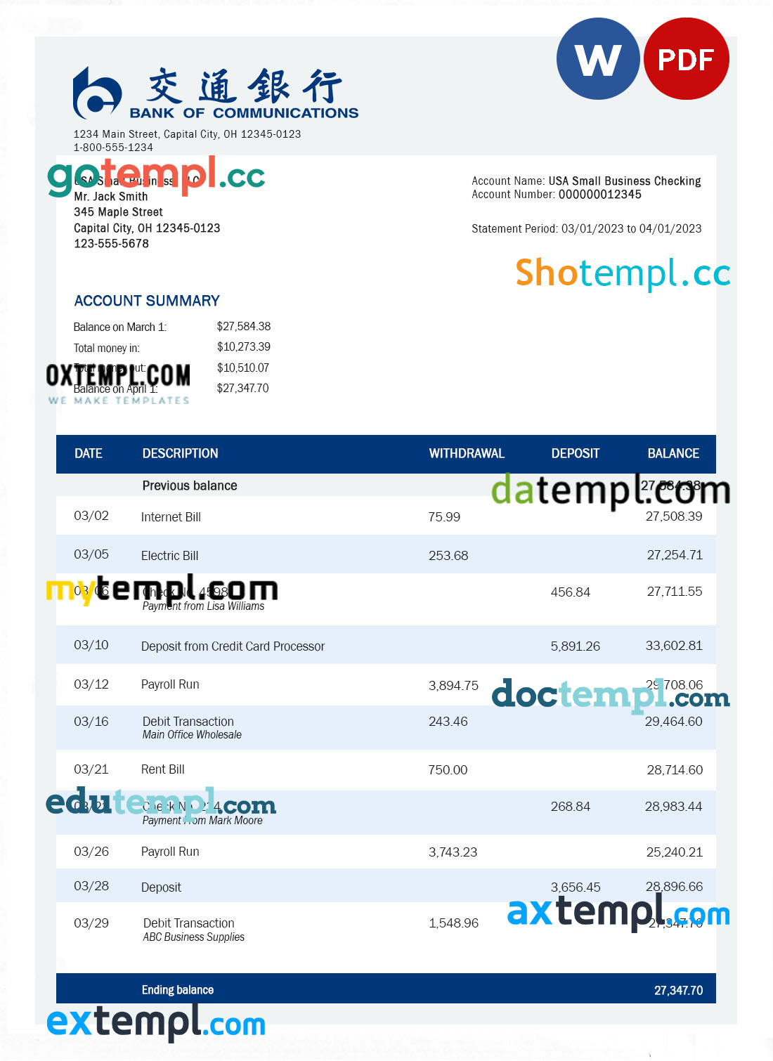 editable template, BANK of Communications bank enterprise account statement Word and PDF template