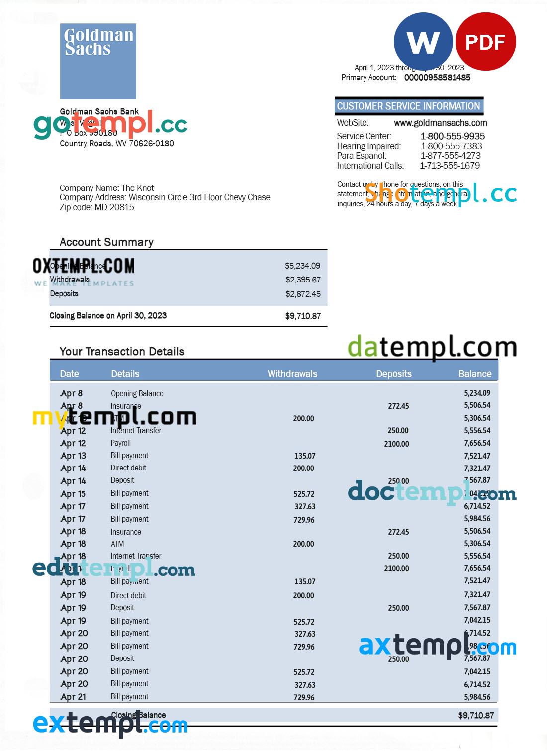 editable template, GOLDMAN Sachs bank organization account statement Word and PDF template