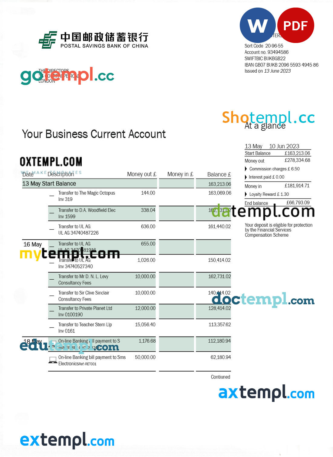 editable template, POSTAL Savings Bank firm account statement Word and PDF template