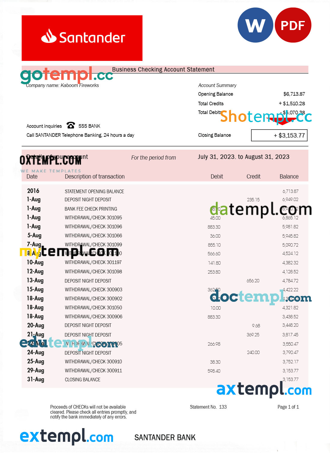 editable template, SANTANDER Bank company account statement Word and PDF template