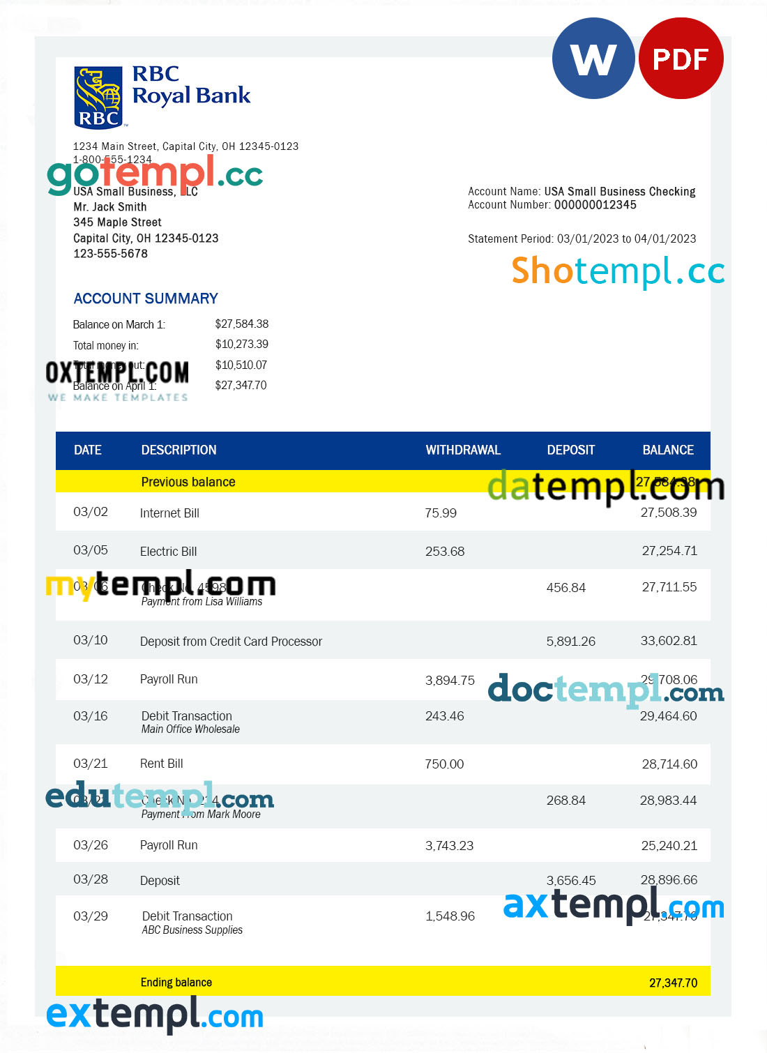 editable template, RBC Royal Bank enterprise checking account statement Word and PDF template