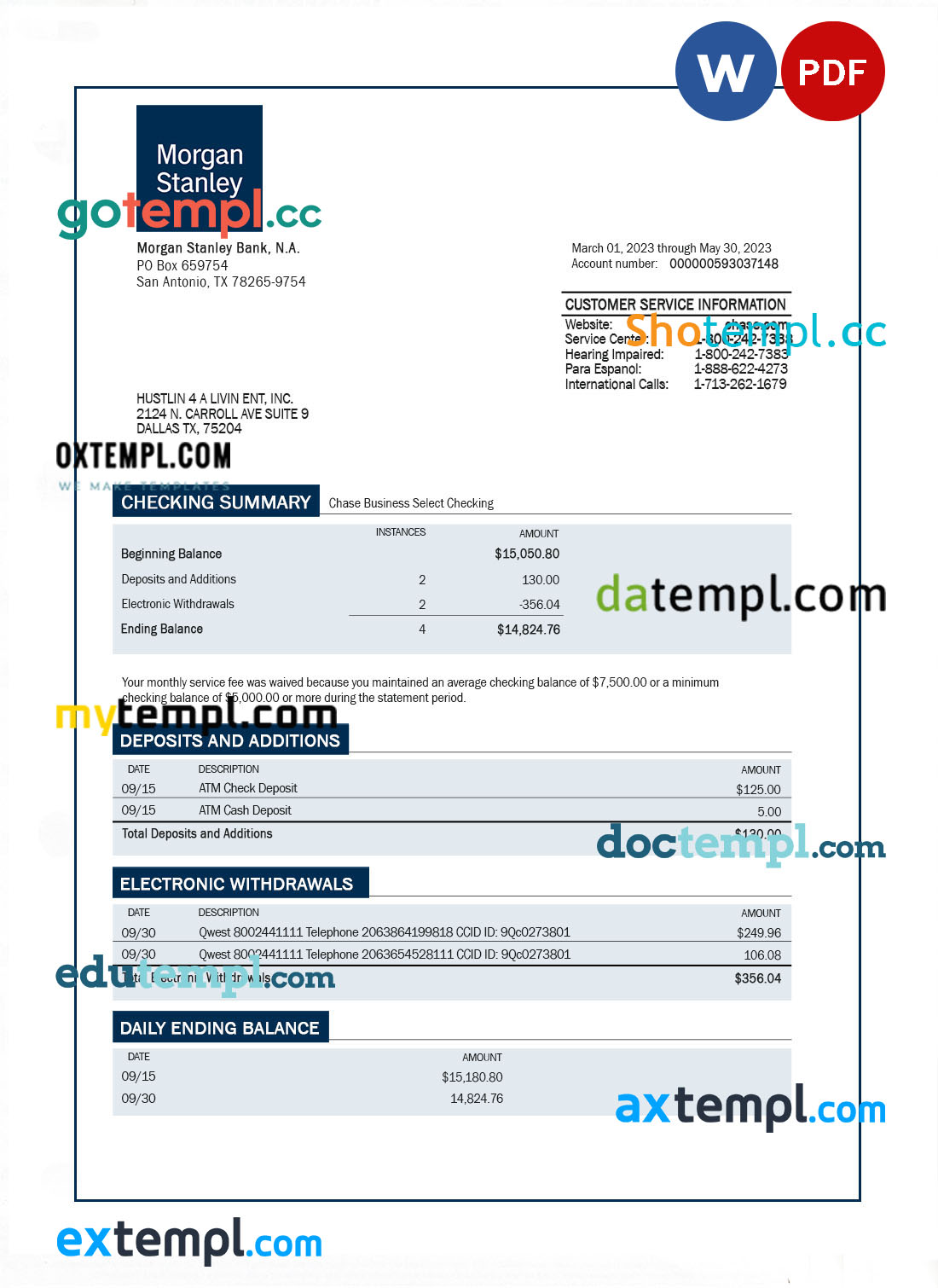 editable template, MORGAN Stanley Bank organization account statement Word and PDF template