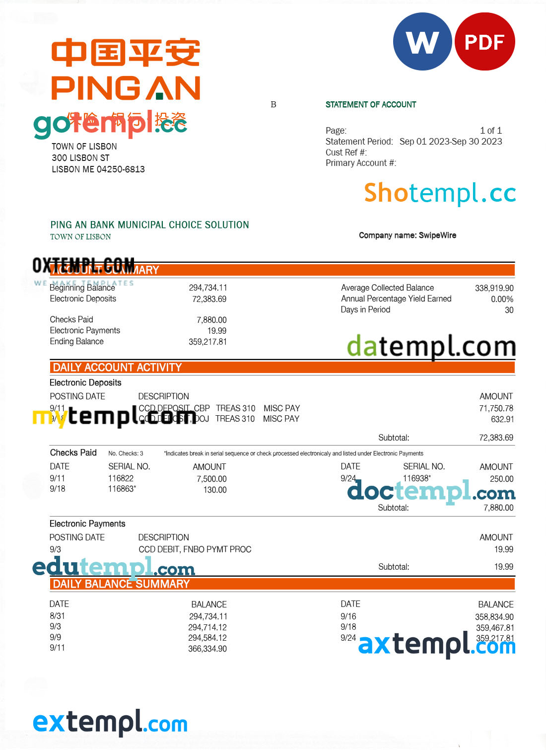 editable template, PING An Bank firm checking account statement Word and PDF template