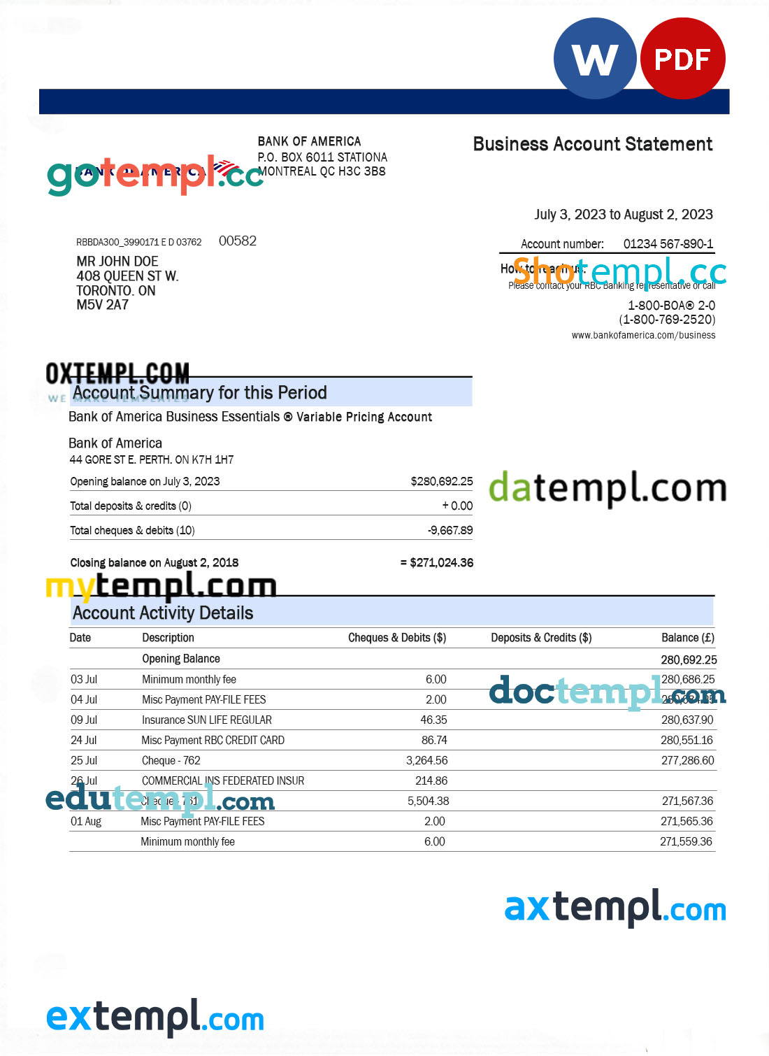 editable template, BANK of America organization bank statement Word and PDF template