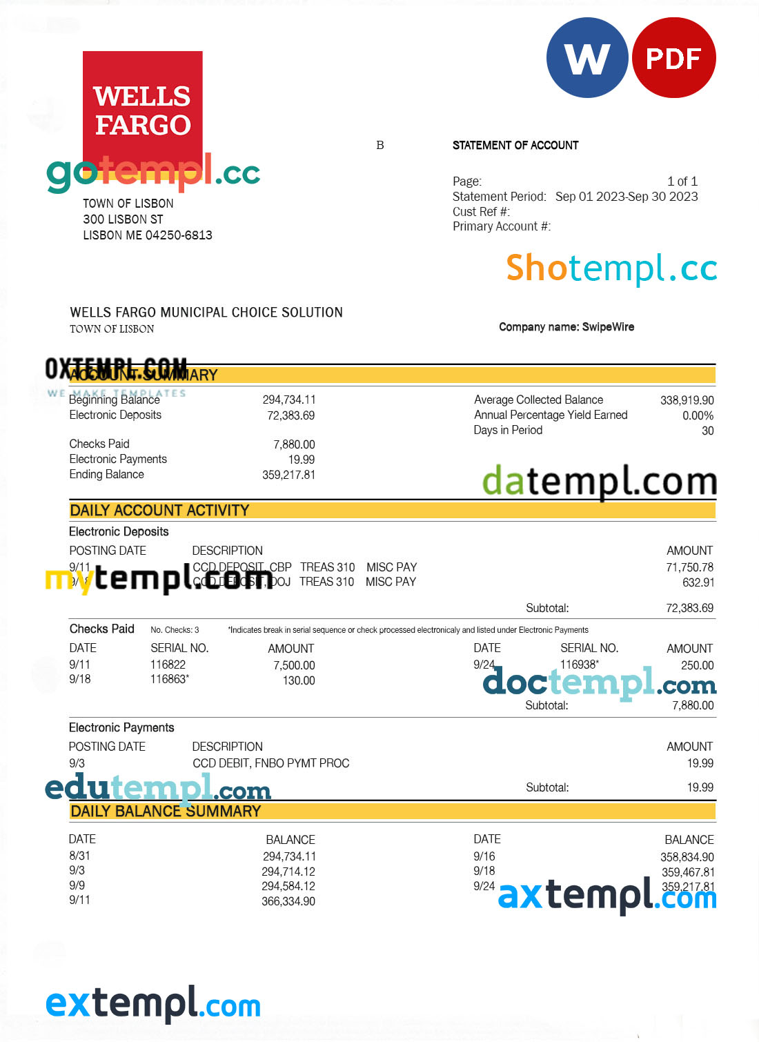 editable template, WELLS FARGO firm bank statement Word and PDF template