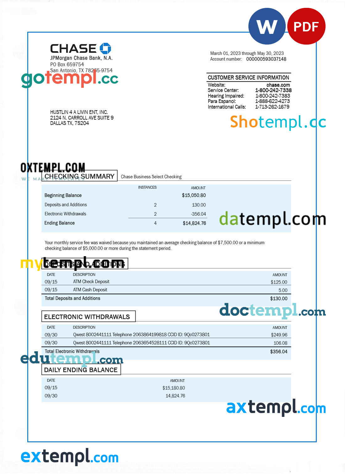 editable template, CHASE bank corporate checking account statement Word and PDF template