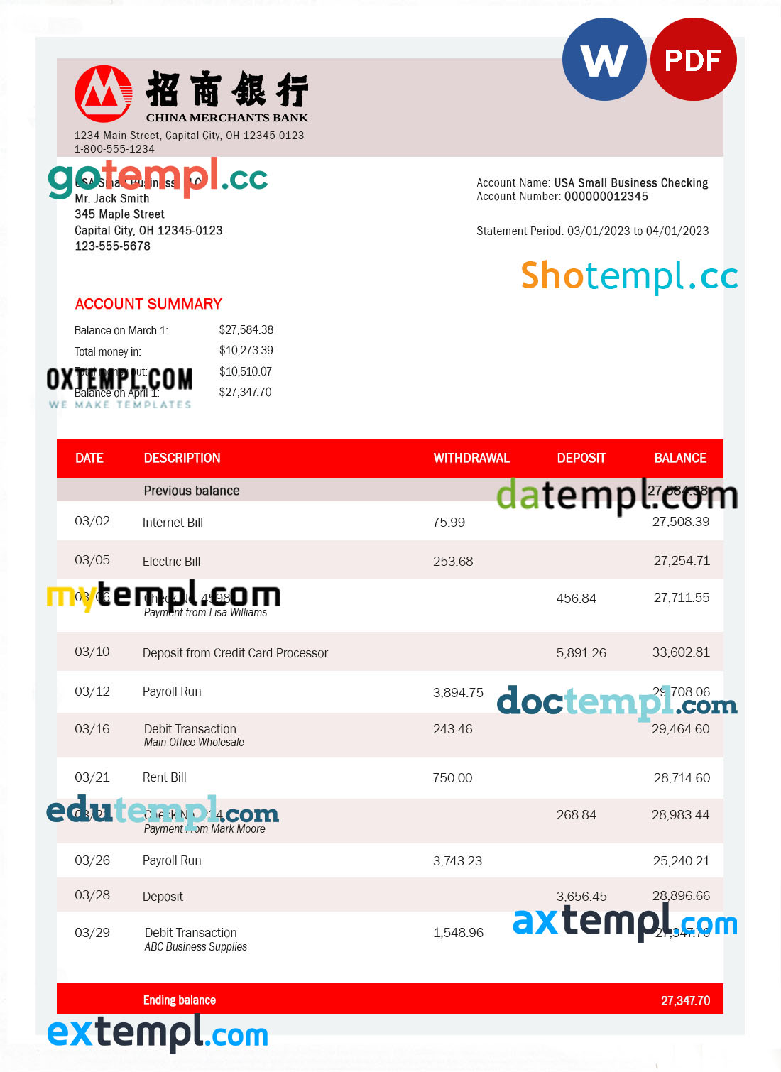 editable template, China Merchants bank firm account statement Word and PDF template