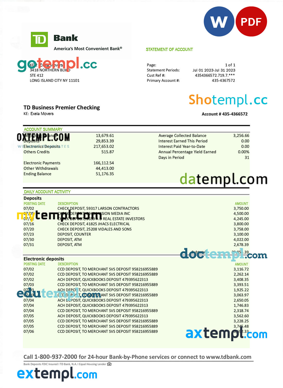 editable template, TD organization bank statement Word and PDF template