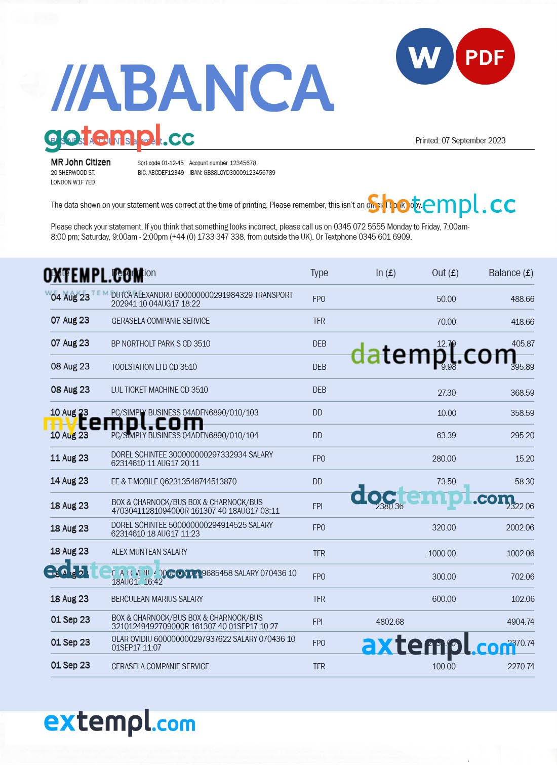 editable template, Abanca Bank firm account statement Word and PDF template