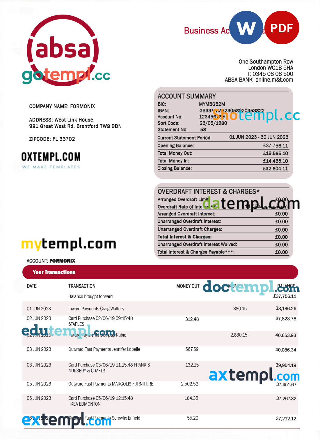 editable template, ABSA Bank company checking account statement Word and PDF template
