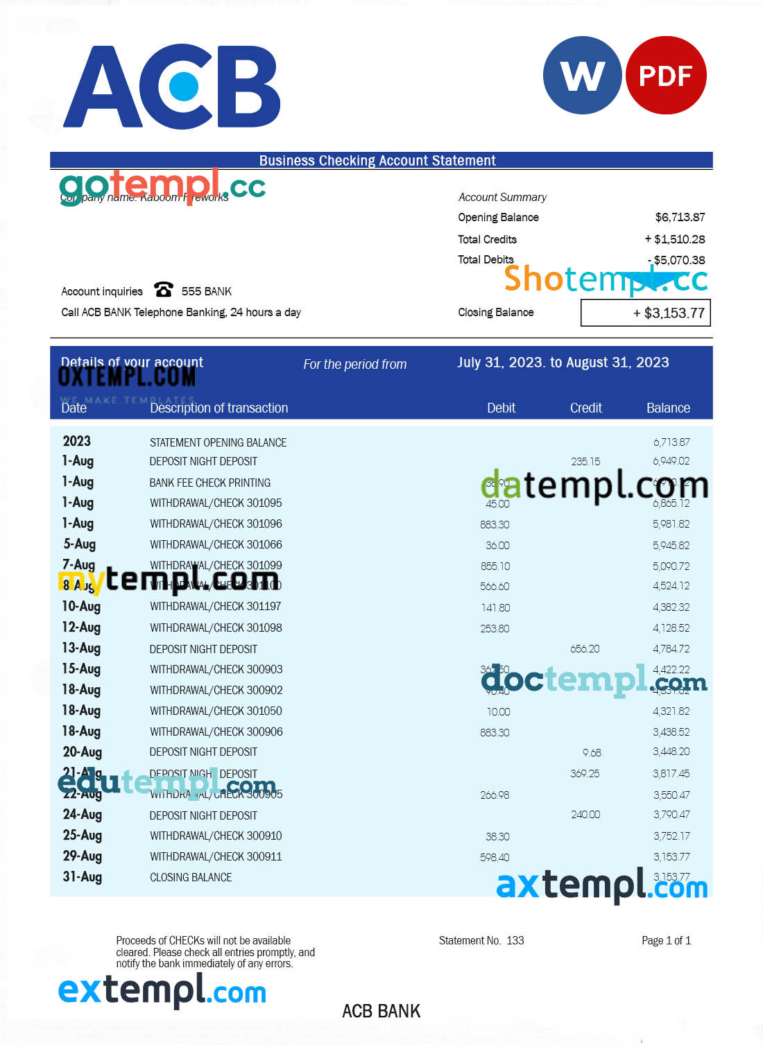editable template, Acb Bank firm account statement Word and PDF template