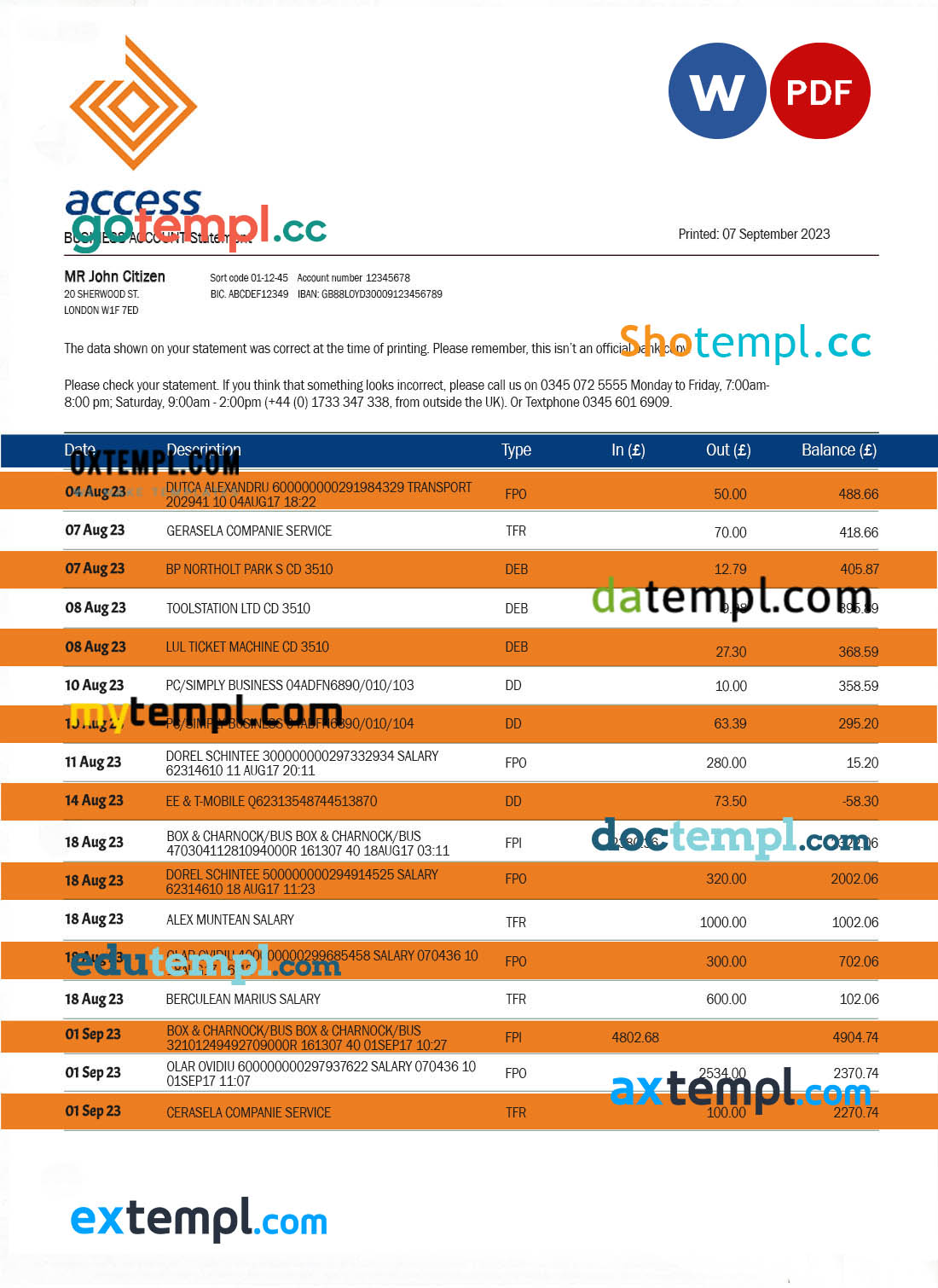 editable template, Access Bank company checking account statement Word and PDF template
