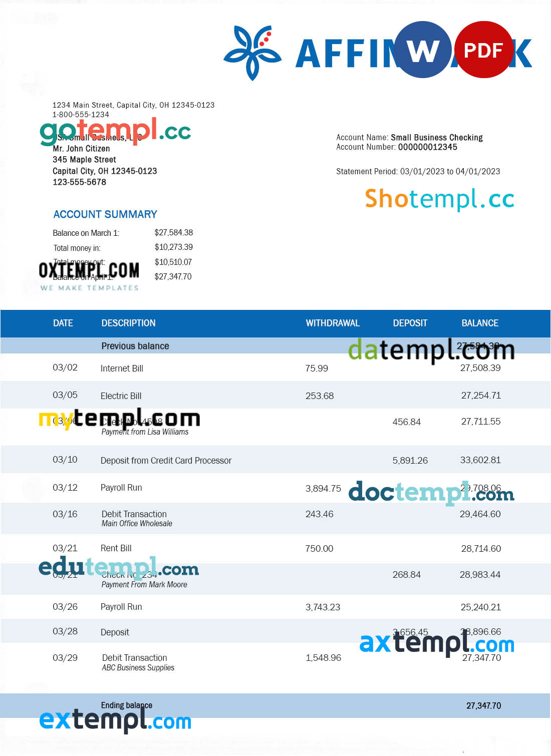 editable template, Affin Bank company checking account statement Word and PDF template