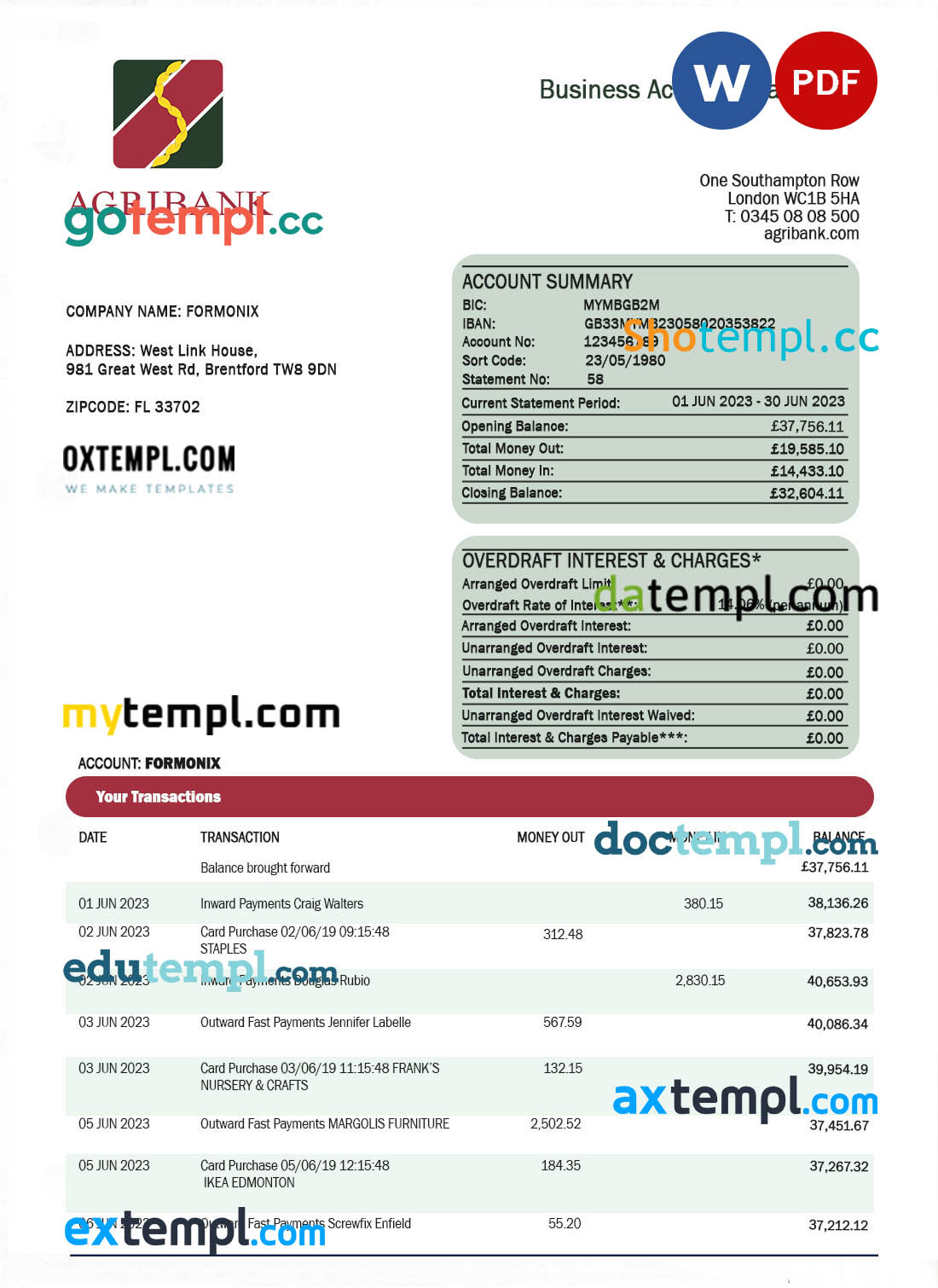 editable template, AGRIBANK company statement Word and PDF template